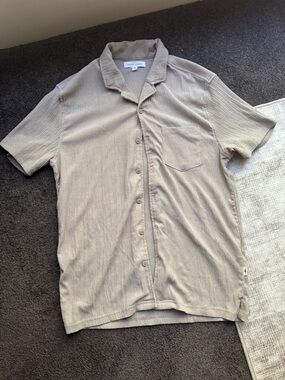 Vintage Summer Beige Short Sleeve Button-Up Shirt Camp Collar Men's Size S